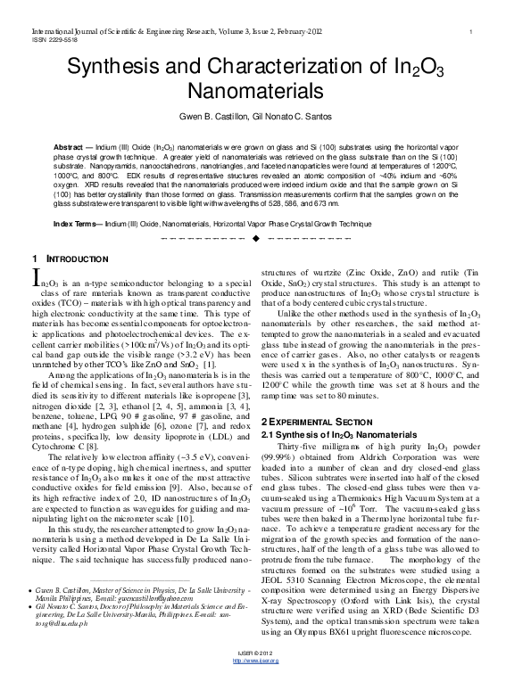 (PDF) Synthesis and Characterization of In2O3 Nanomaterials