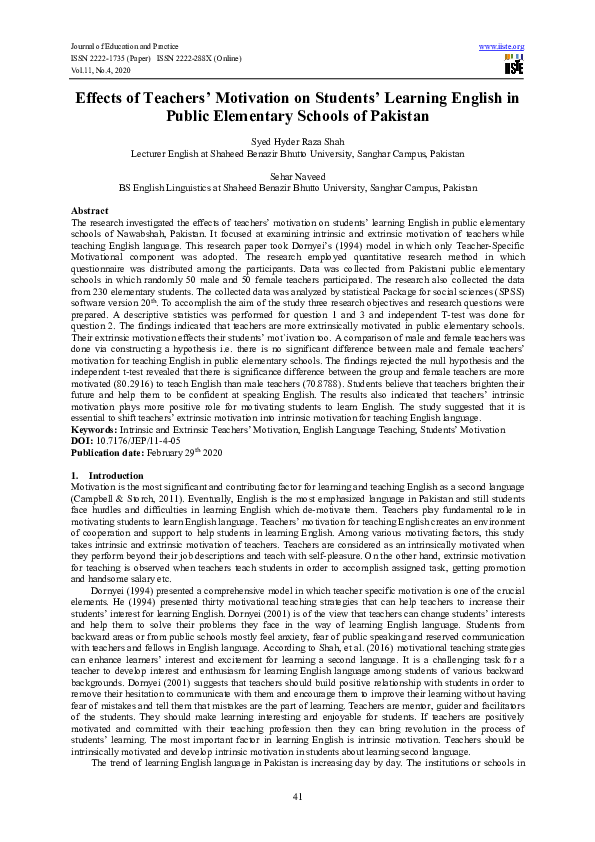 (PDF) Effects of Teachers’ Motivation on Students’ Learning English in ...
