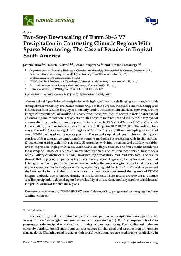 (PDF) Two-Step Downscaling of Trmm 3b43 V7 Precipitation in Contrasting ...