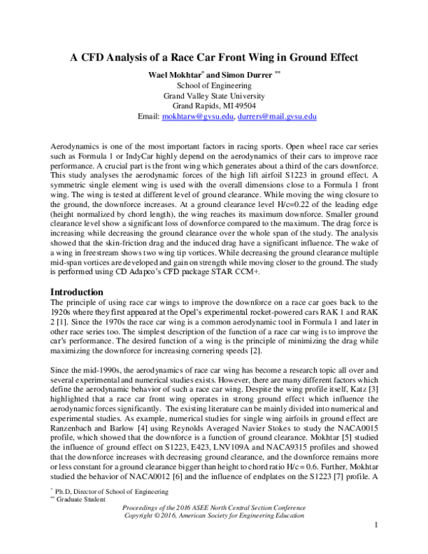 (PDF) A CFD Analysis of a Race Car Front Wing in Ground Effect