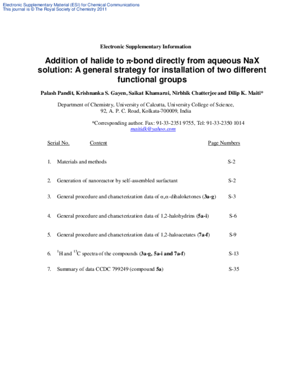 (PDF) Addition of halide to π-bond directly from aqueous NaX solution ...