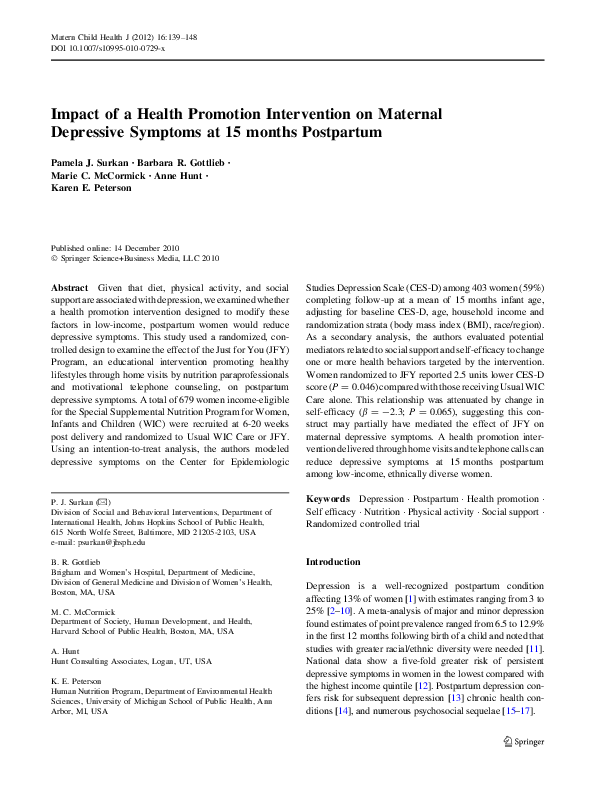 (PDF) Impact of a Health Promotion Intervention on Maternal Depressive ...
