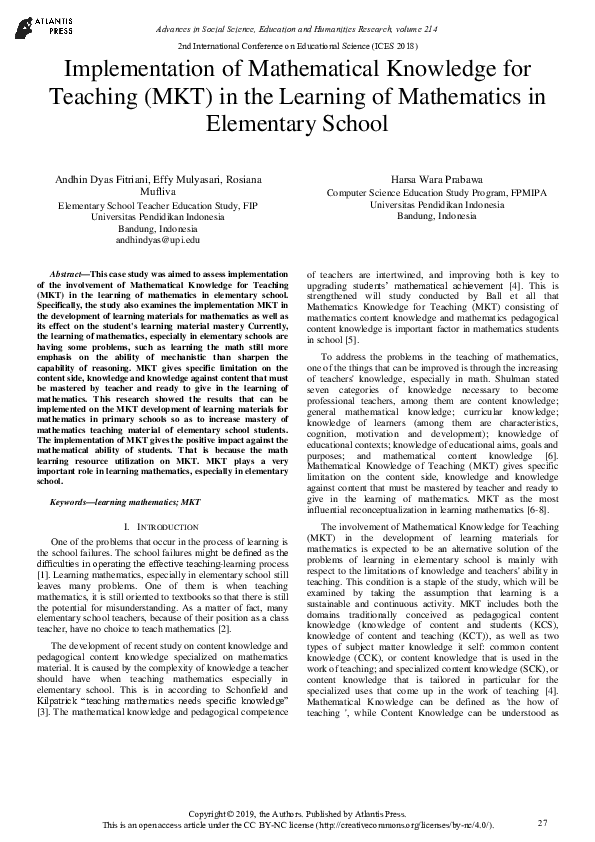 (PDF) Implementation of Mathematical Knowledge for Teaching (MKT) in ...