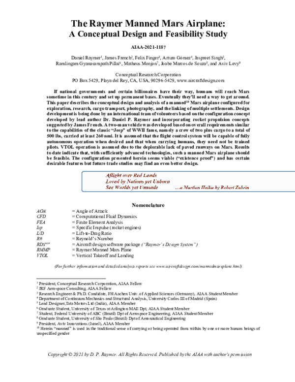 (PDF) 1 The Raymer Manned Mars Airplane : A Conceptual Design and ...