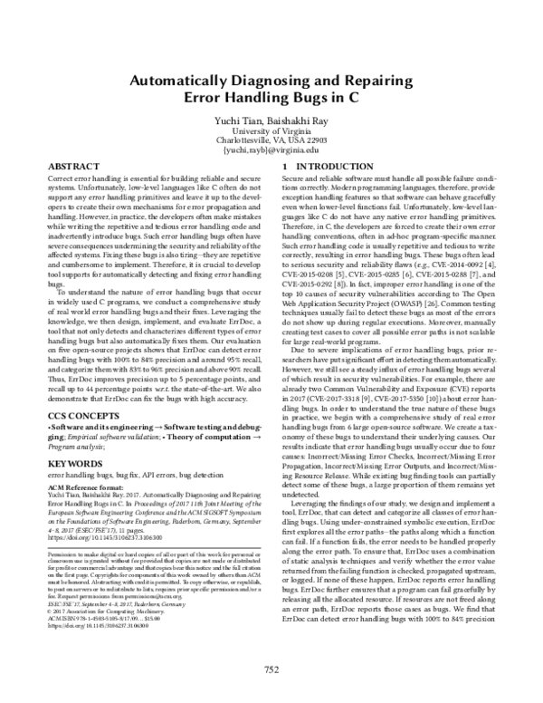 (PDF) Automatically diagnosing and repairing error handling bugs in C