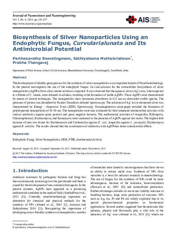 (PDF) Biosynthesis of Silver Nanoparticles Using an Endophytic Fungus ...