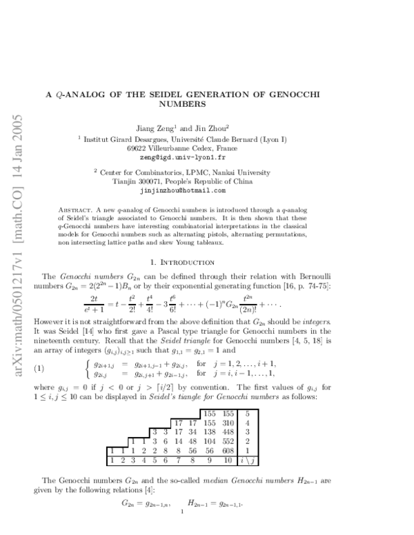(PDF) A q-analog of the Seidel generation of Genocchi numbers