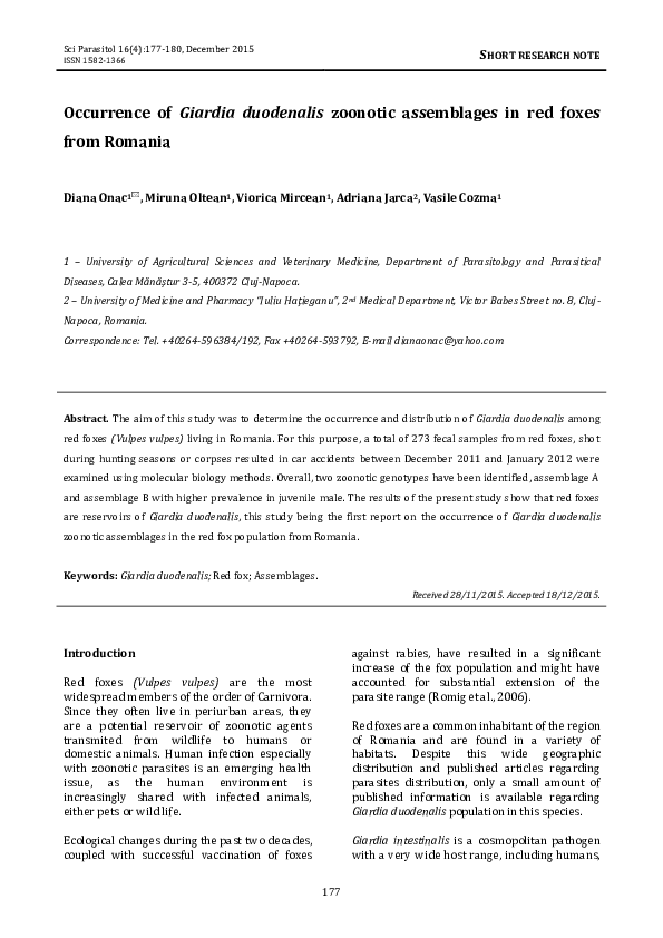 (PDF) Occurrence of Giardia duodenalis zoonotic assemblages in red ...