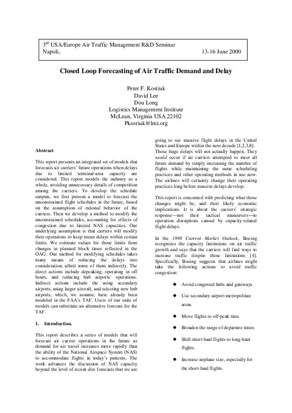(PDF) Closed Loop Forecasting of Air Traffic Demand and Delay