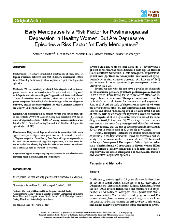 (PDF) Early Menopause Is a Risk Factor for Postmenopausal Depression in ...