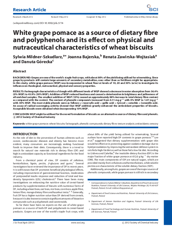 (PDF) White grape pomace as a source of dietary fibre and polyphenols ...