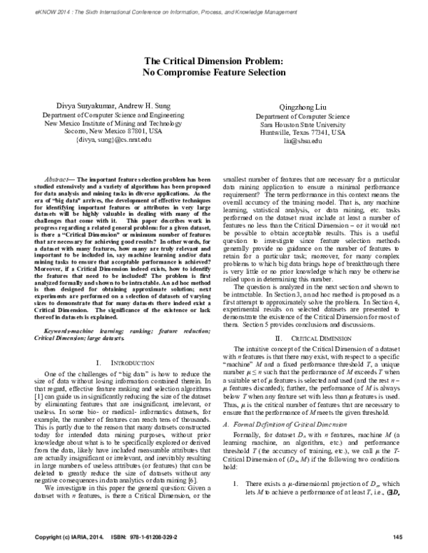 (PDF) The Critical Dimension Problem: No Compromise Feature Selection