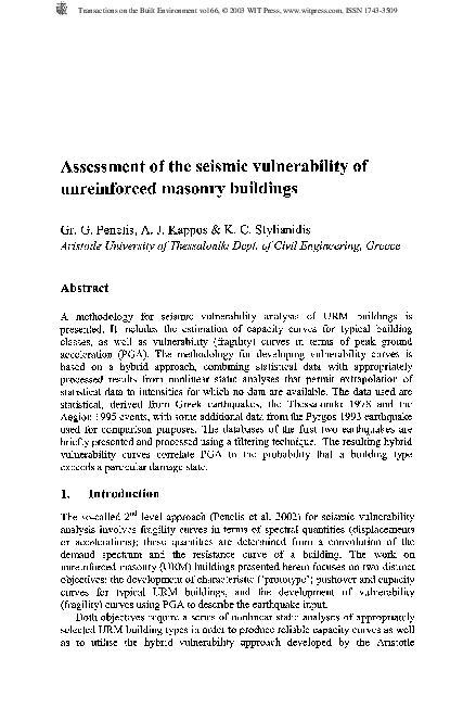 (PDF) Assessment of the seismic vulnerability of unreinforced masonry ...