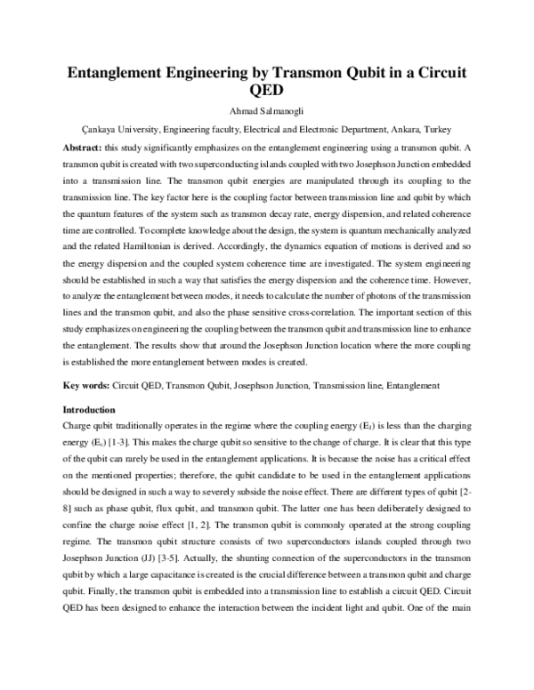 (PDF) Entanglement Engineering by Transmon Qubit in a Circuit QED