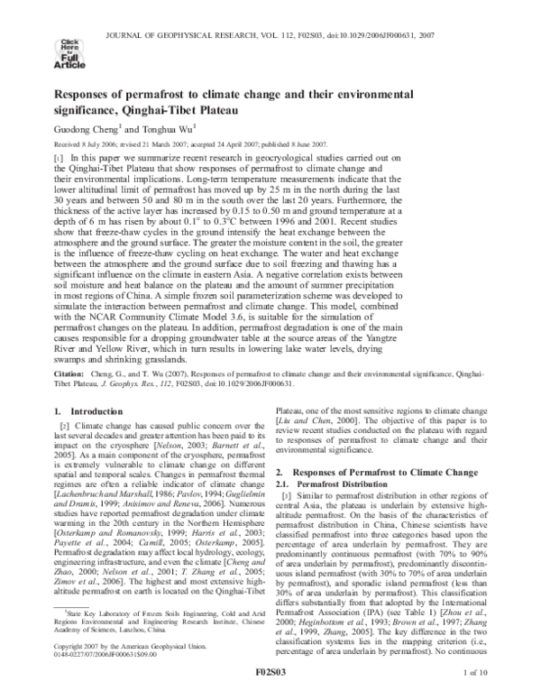 (PDF) Responses of permafrost to climate change and their environmental ...
