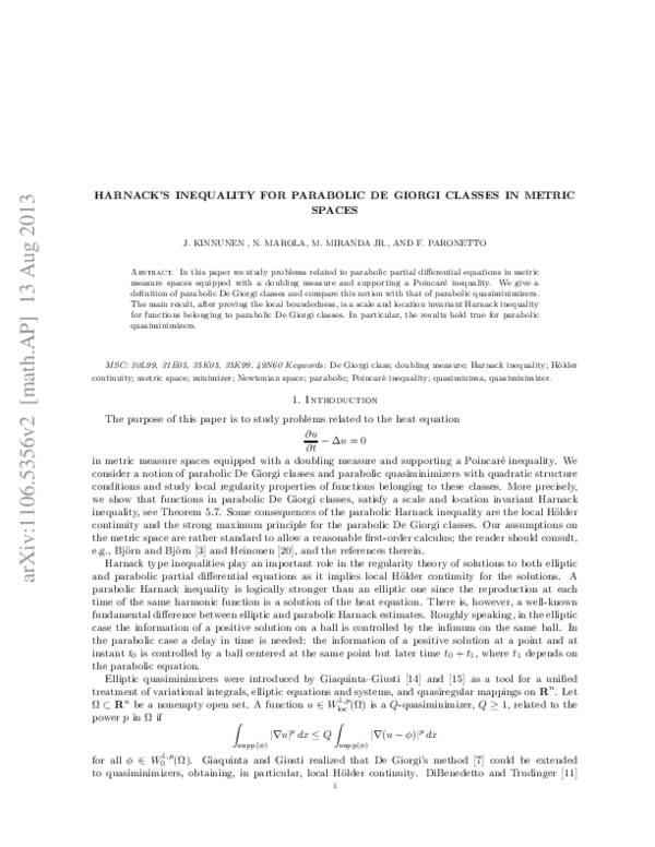 (PDF) Harnack's Inequality for Parabolic De Giorgi Classes in Metric Spaces
