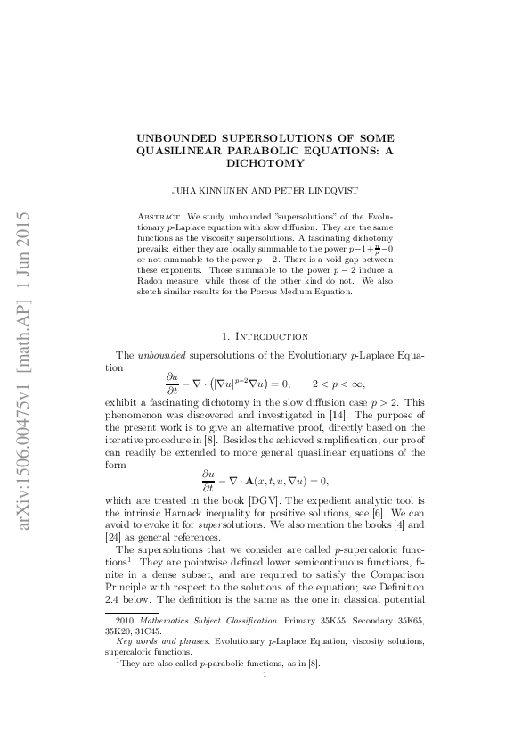 (PDF) Unbounded supersolutions of some quasilinear parabolic equations ...