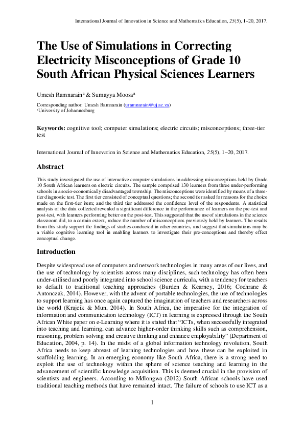 (PDF) The Use of Simulations in Correcting Electricity Misconceptions of Grade 10 South African