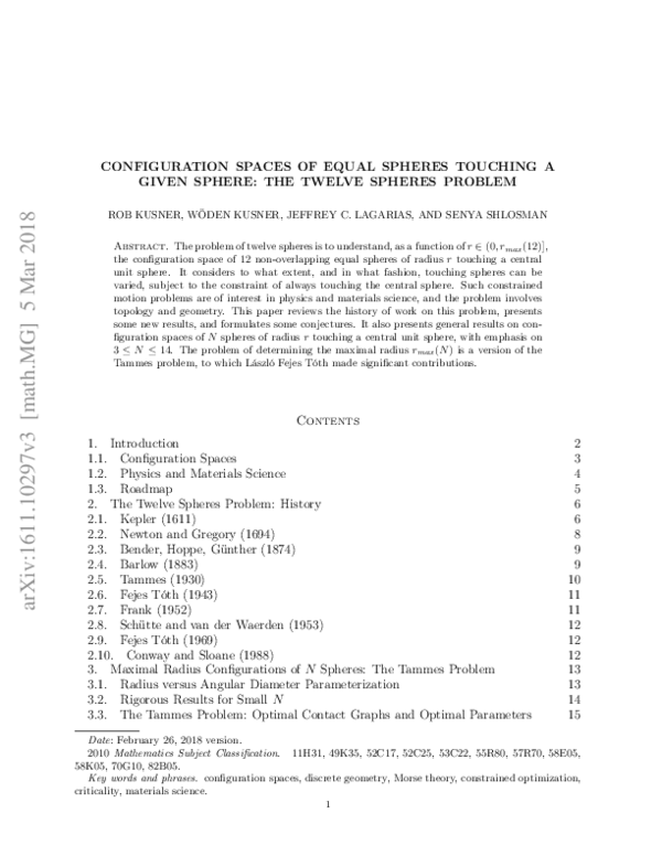 (PDF) Configuration Spaces of Equal Spheres Touching a Given Sphere ...