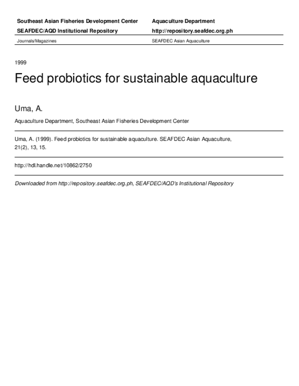 (PDF) Feed probiotics for sustainable aquaculture