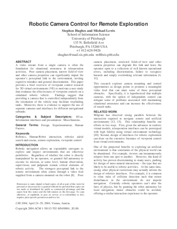(PDF) Robotic camera control for remote exploration