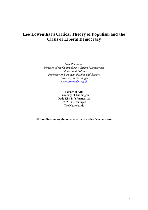 (PDF) Leo Lowenthal’s Critical Theory of Populism and the Crisis of ...