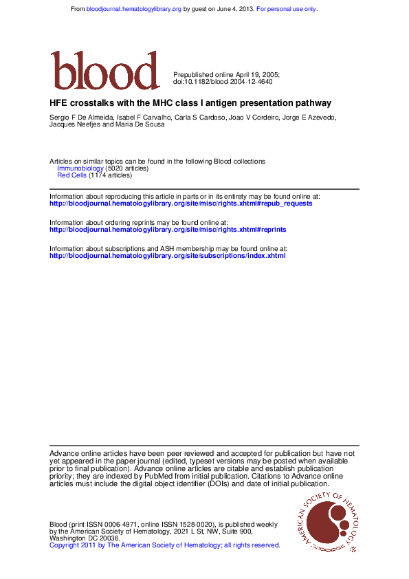 (PDF) HFE cross-talks with the MHC class I antigen presentation pathway