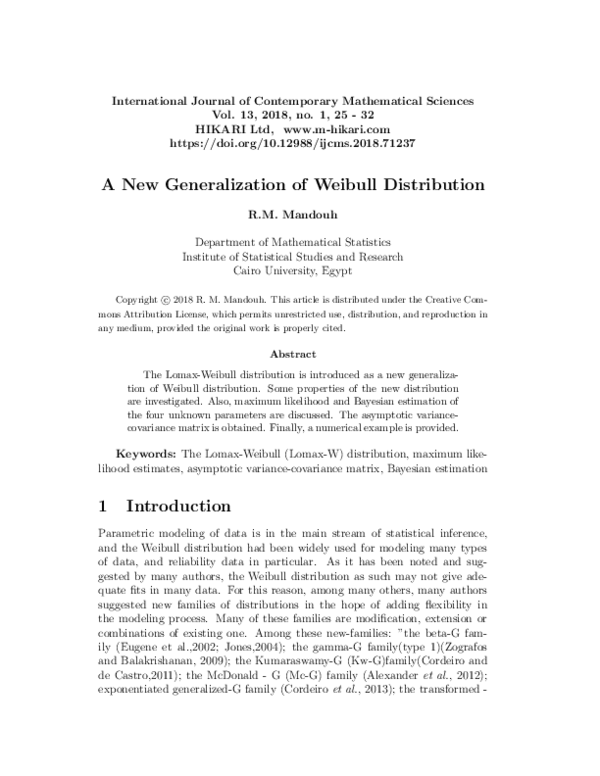 (PDF) The New Generalization of Weibull Distribution