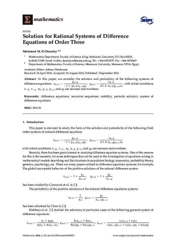 (PDF) Solution for Rational Systems of Difference Equations of Order Three
