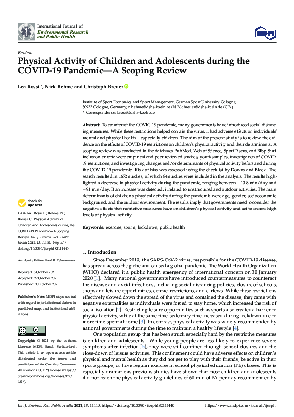 (PDF) Physical Activity of Children and Adolescents during the COVID-19 ...