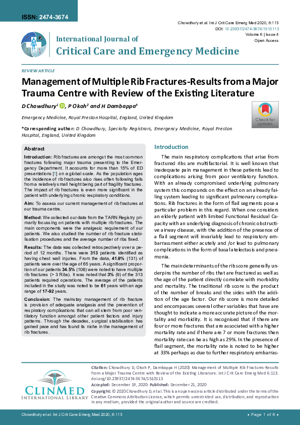 (PDF) Management of Multiple Rib FracturesResults from a Major Trauma