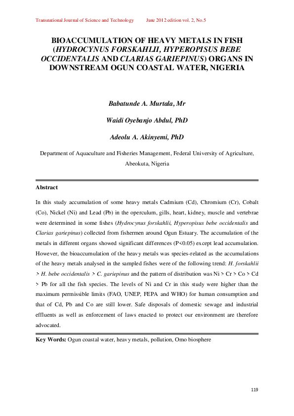 (PDF) Bioaccumulation of Heavy Metals in Fish (Hydrocynus forskahlii ...