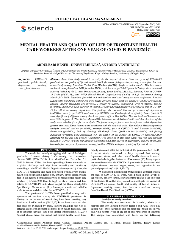 (PDF) Mental Health and Quality of Life of Frontline Health Care ...