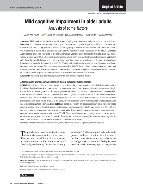 (PDF) Mild cognitive impairment in older adults: Analysis of some factors