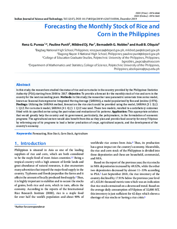 (PDF) Forecasting the Monthly Stock of Rice and Corn in the Philippines
