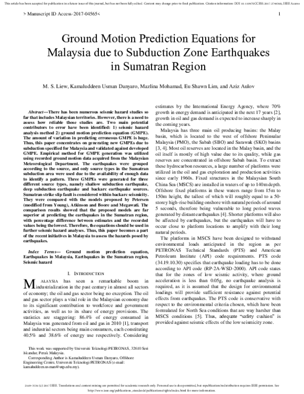 (PDF) Ground Motion Prediction Equations for Malaysia due to Subduction ...
