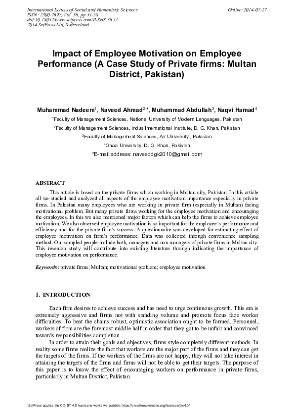 (PDF) Impact of Employee Motivation on Employee Performance (A Case ...