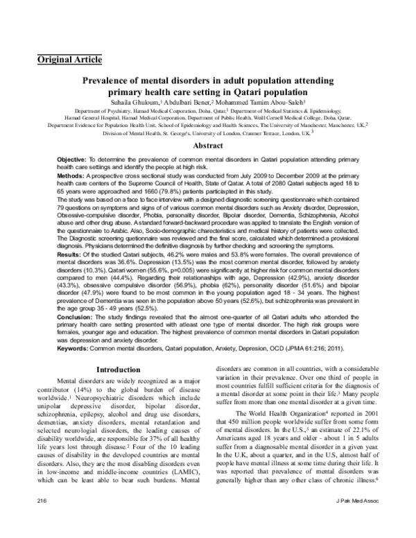 (PDF) Prevalence of Mental Disorders in Adult Population attending ...