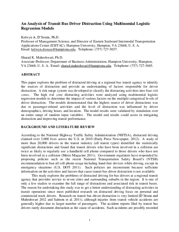 (PDF) An Analysis of Transit Bus Driver Distraction Using Multinomial ...