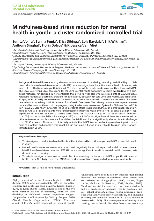 (PDF) Mindfulness-based stress reduction for mental health in youth: a ...