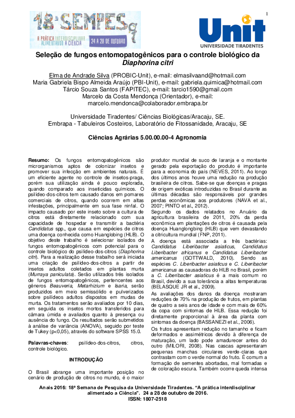 (PDF) SELEÇÃO DE FUNGOS ENTOMOPATOGÊNCIOS PARA O CONTROLE BIOLÓGICO DA ...