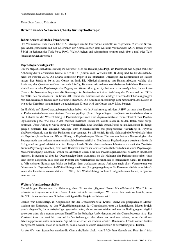 (PDF) Bericht aus der Schweizer Charta für Psychotherapie Peter