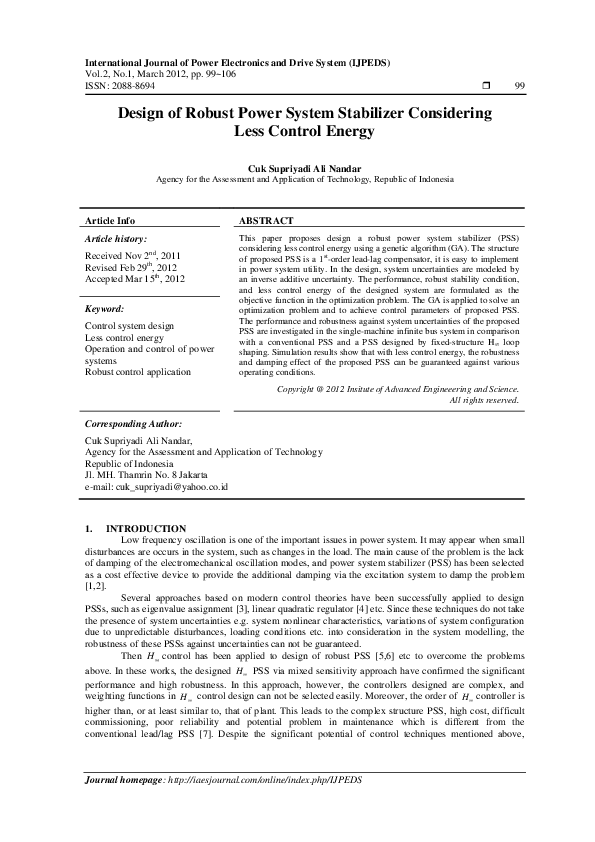 (PDF) Design of Robust Power System Stabilizer Considering Less Control ...