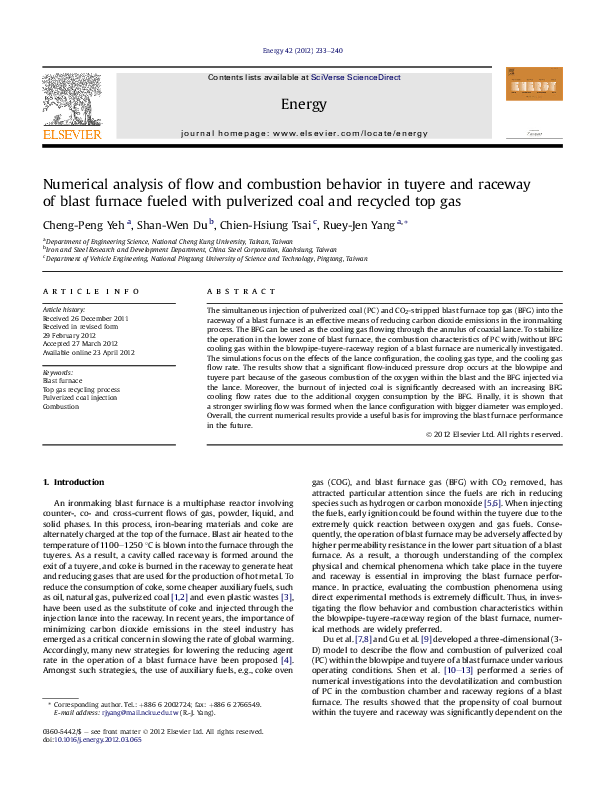 (PDF) Numerical analysis of flow and combustion behavior in tuyere and ...