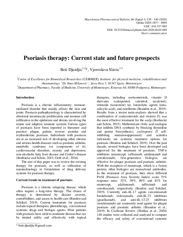 (PDF) Psoriasis therapy: Current state and future prospects