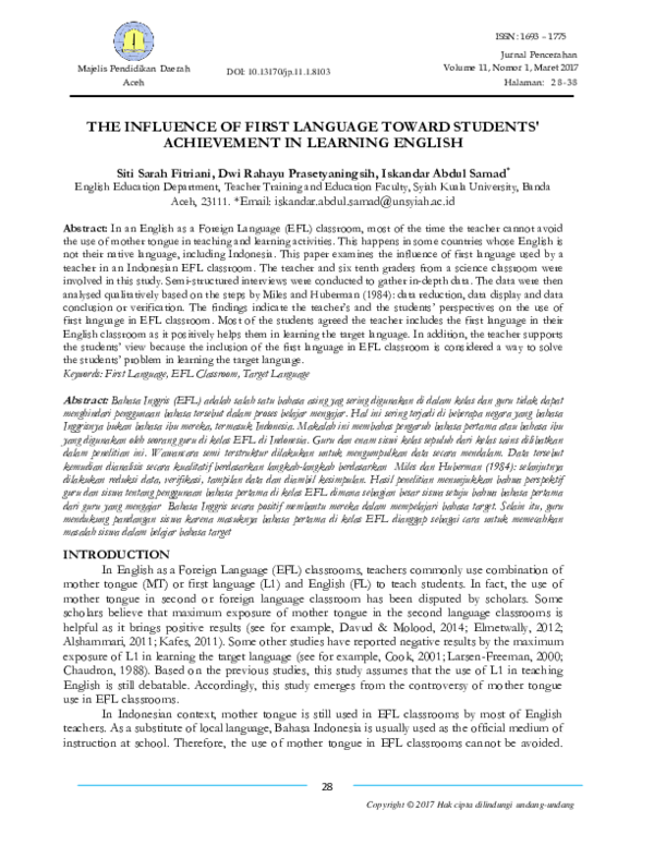 (PDF) The Influence of First Language Toward Students' Achievement in ...