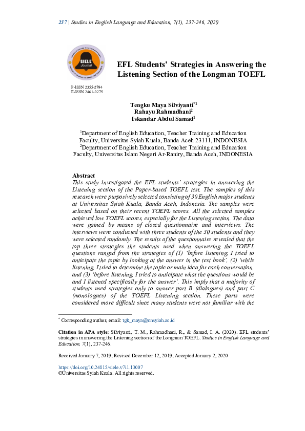 (PDF) EFL students’ strategies in answering the listening section of ...