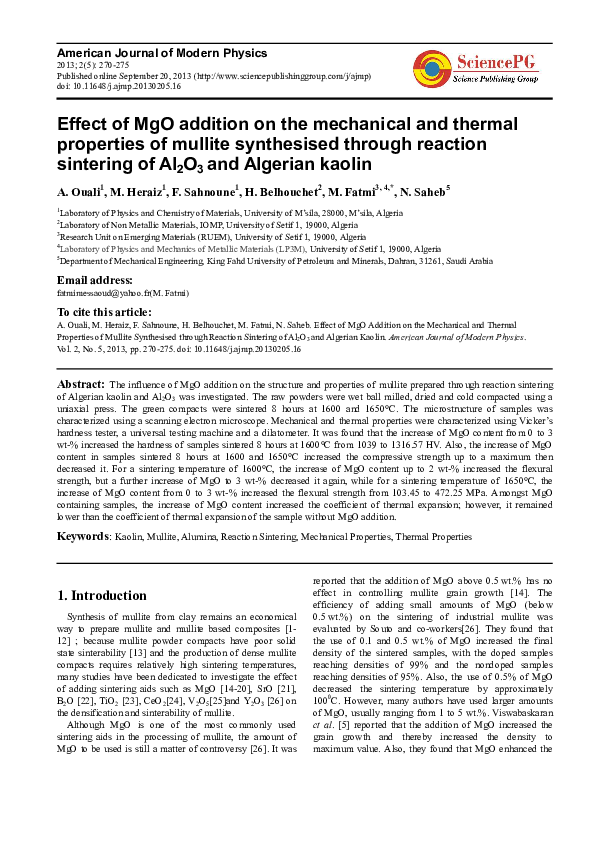(PDF) Effect of MgO Addition on the Mechanical and Thermal Properties ...