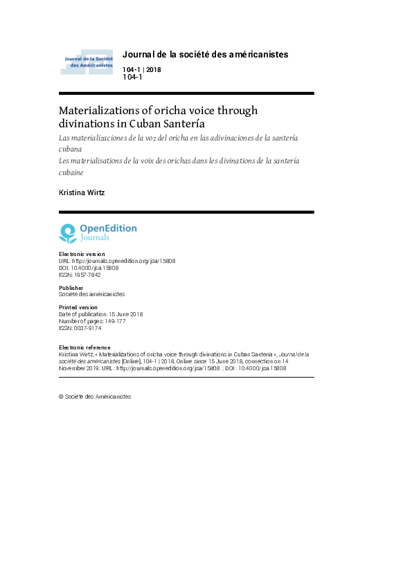 Pdf Materializations Of Oricha Voice Through Divinations In Cuban Santeria Kristina Wirtz Academia Edu
