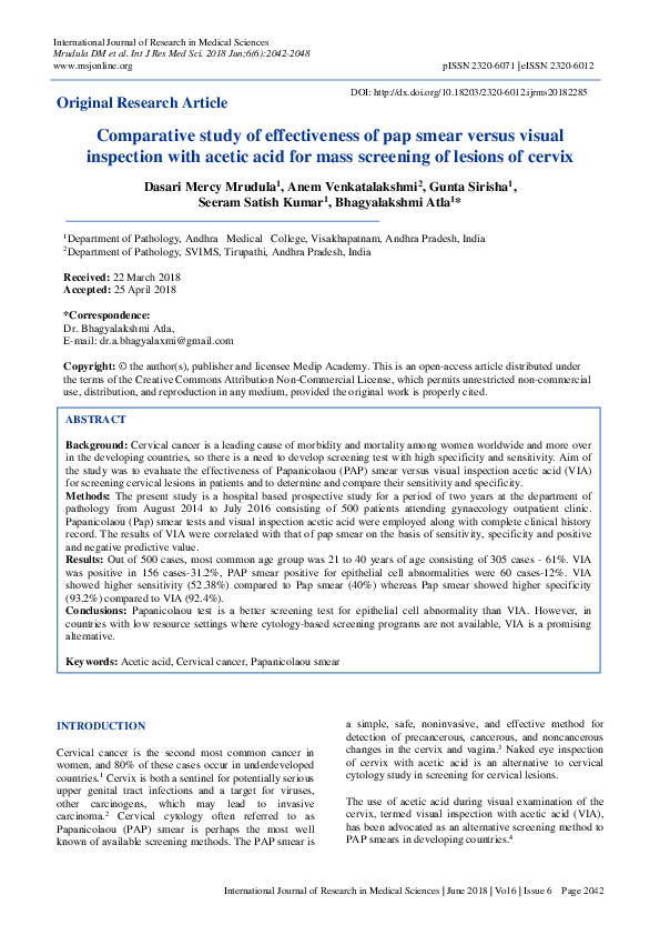 (PDF) Comparative study of effectiveness of pap smear versus visual